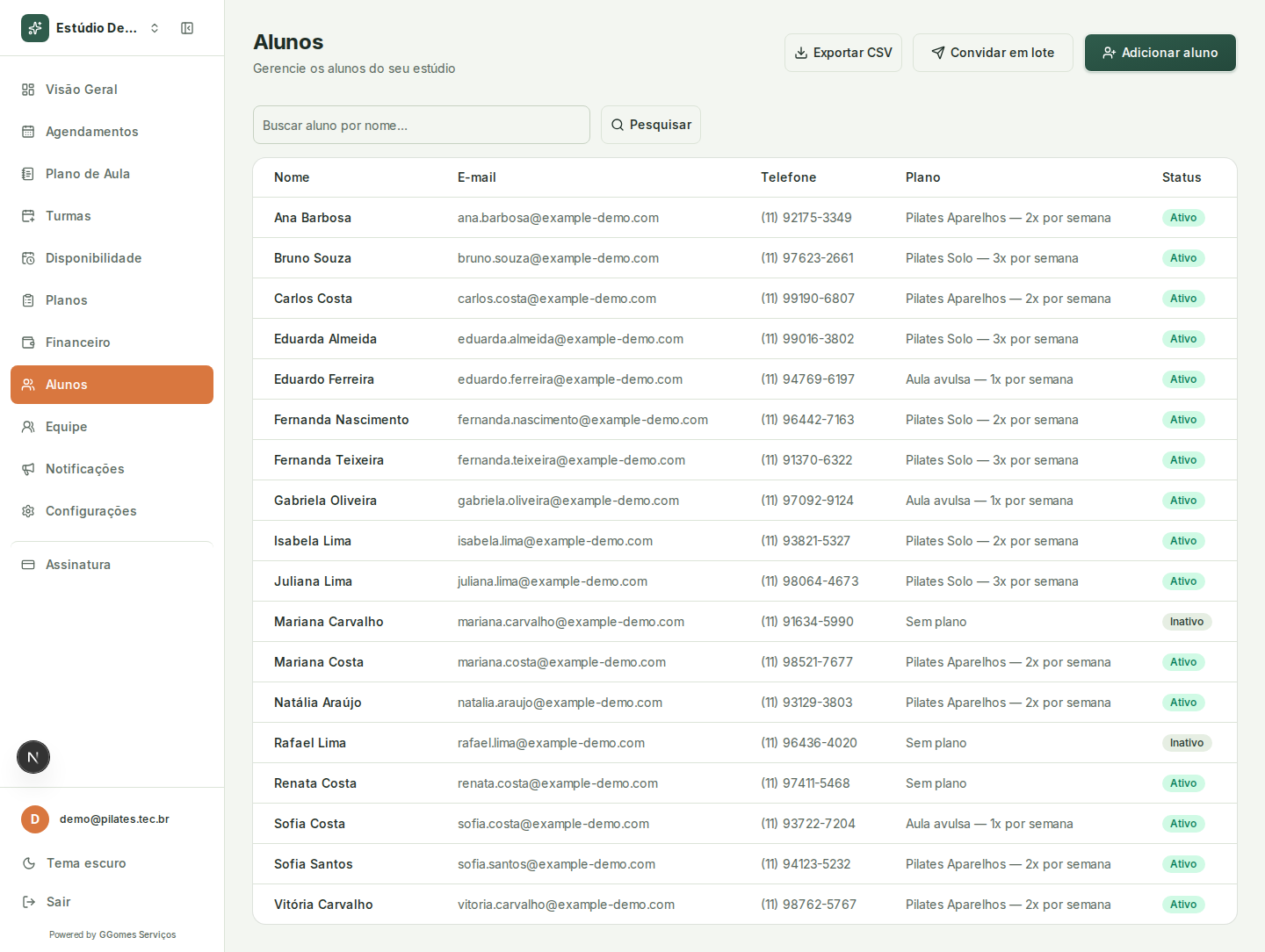 Lista de alunos do estúdio, com nome, e-mail, telefone e situação